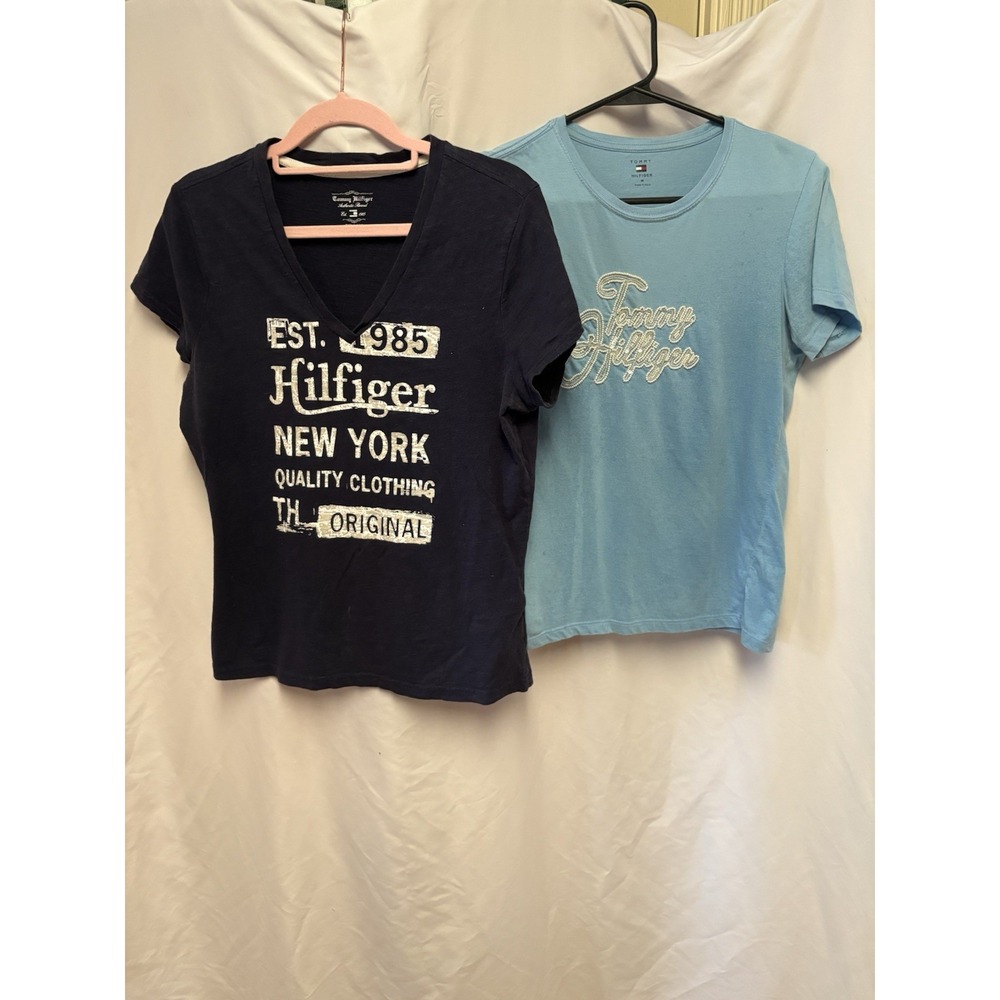 Lot 2 TOMMY HILFIGER Tees Women's M Embroidered Logo Beaded Blue shirt/Black